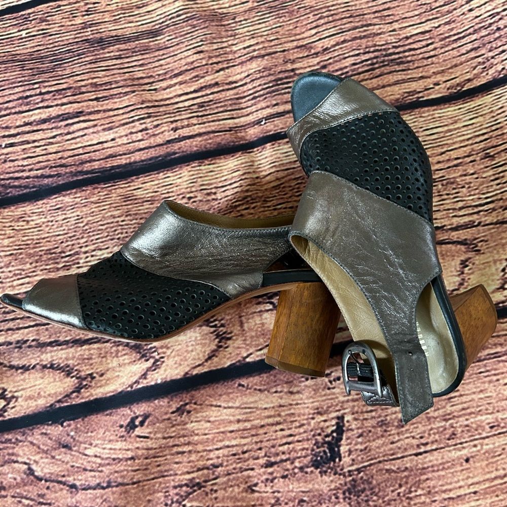 Anthropologie Nina Payne Slingback Sandal Black Strappy Wood‎ Heel Size 36 - 5